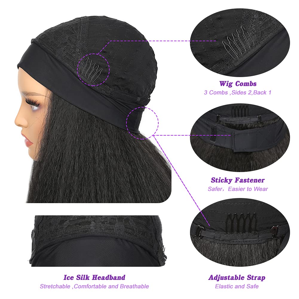 WIGNEE Kinky Straight Headband Wig for Women, 22 Inches, Yaki Straight Wigs with Black Headband, Synthetic Hair, Easy to Style, No Lace Front, No Glue