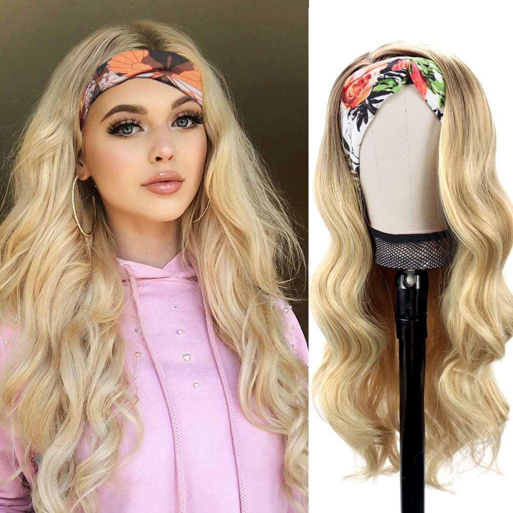 Colorful Queen Ombre Blonde Headband Wigs for Black Women Blonde Glueless Body Wave Head Band Wig Long Wavy Wig with Headband 26 Inch