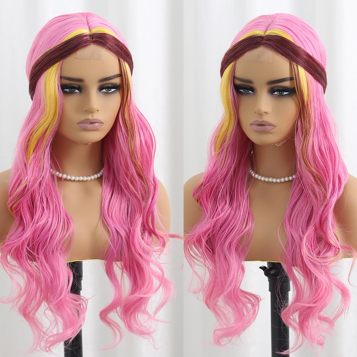 SISIFIRE Pink Yellow Highlight Dark Red Long Curly Wavy Wigs for Women Middle Part Synthetic Heat Resistant Fiber Small Lace Wig for Halloween Cosplay Christmas Wigs