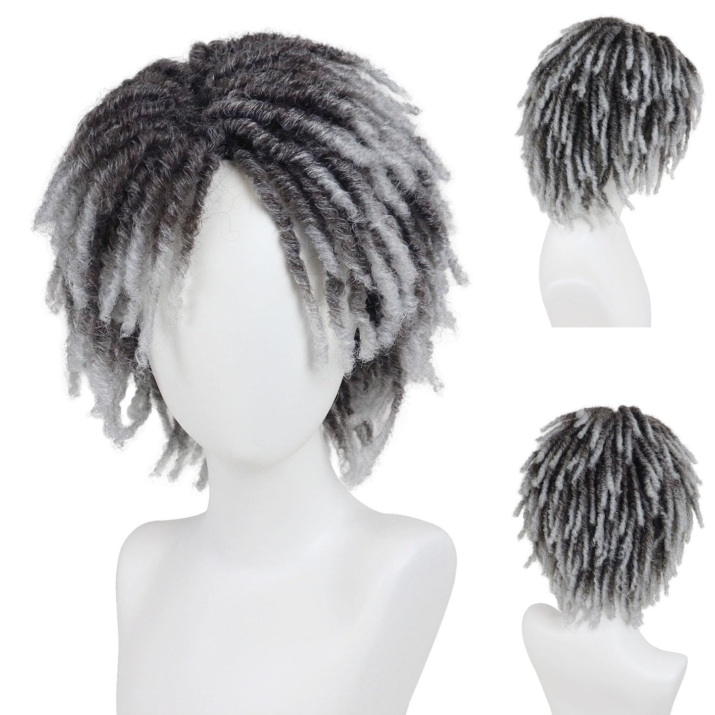 GNIMEGIL Mens Dreadlock Wig Cosplay Ombre Grey Curly Hairstyle Male Fake Dreads Hair Loc Short Braided Wig with Bangs Realistic Twist Rasta Wigs Funny Dress Up Costume Party