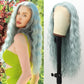 Fugady Mint Green Glueless Curly Wigs Light Green Heat Resistant Synthetic Fiber Lace Front Wig Pre Plucked 200 Density Long Loose Wave Wig With Baby Hair Colorful Wigs For Women 26 inches