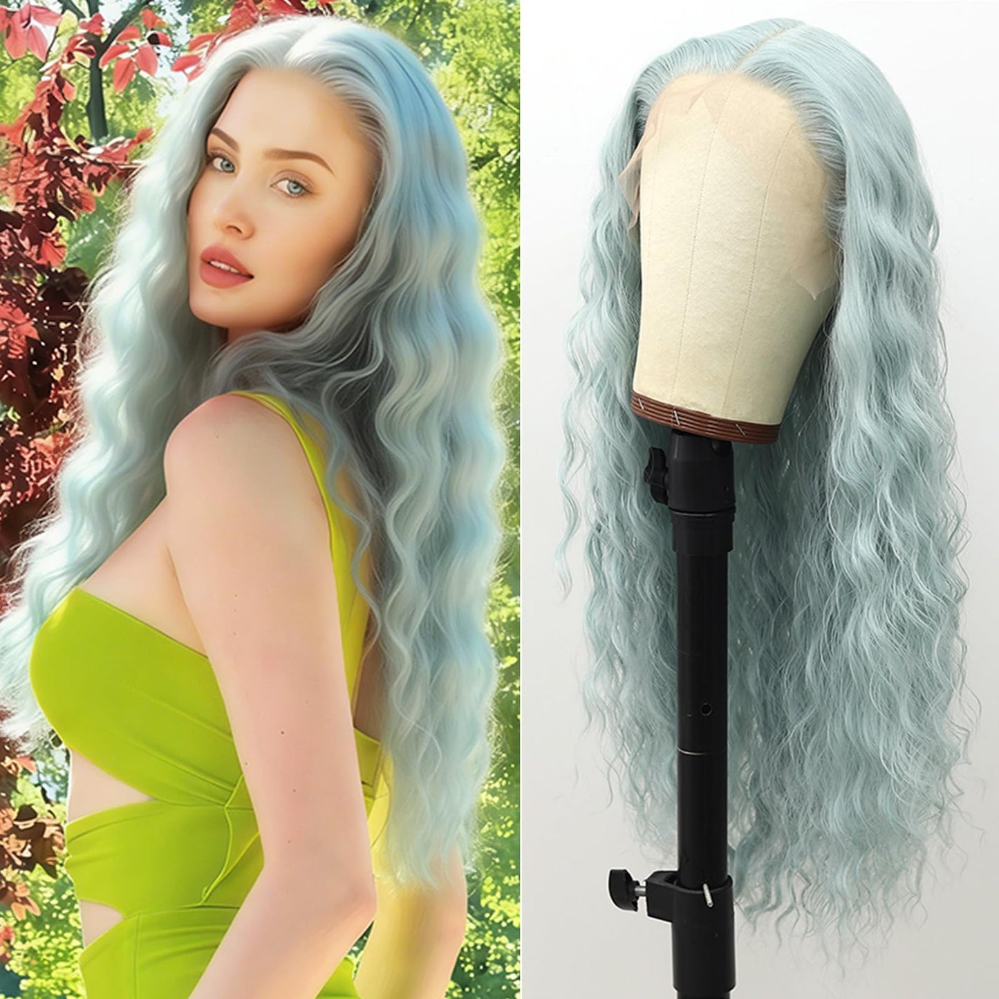 Fugady Mint Green Glueless Curly Wigs Light Green Heat Resistant Synthetic Fiber Lace Front Wig Pre Plucked 200 Density Long Loose Wave Wig With Baby Hair Colorful Wigs For Women 26 inches