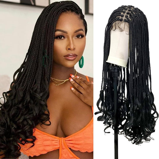 Janyuwool 36" Knotless Braided Wigs with Curly End Full Lace Box Braid Wig for Women Lace Front Human Hair Blended Braids Wig Full Double Lace Braided Wigs with Baby Hair (Black)