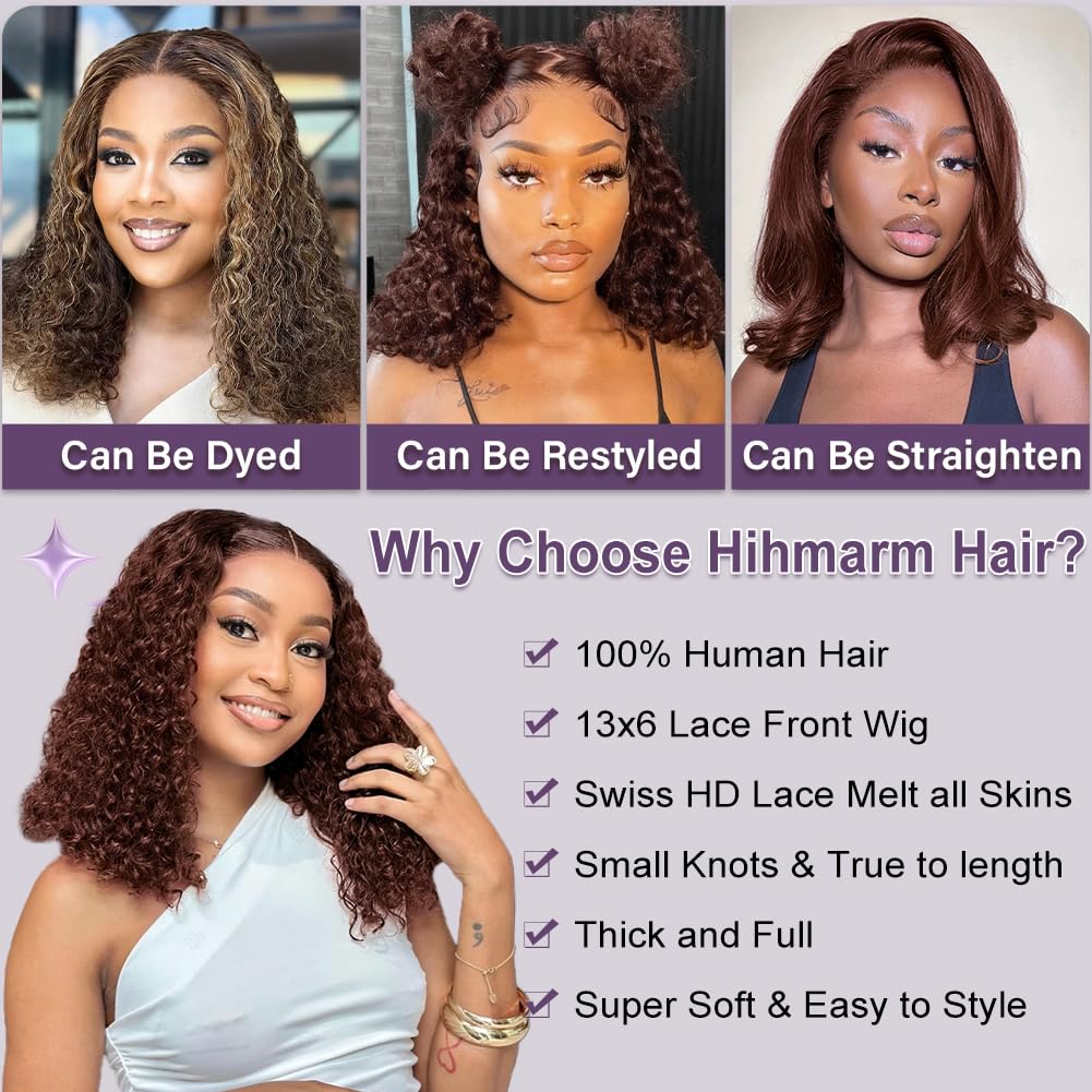 Hihmarm Chocolate Brown Deep Wave Bob Wig Human Hair 13x6 HD Lace Front Wigs Human Hair Pre Plucked Glueless Frontal Wigs 180% Density Short Curly BOB Wigs For Black Women Dark Brown 16 Inch
