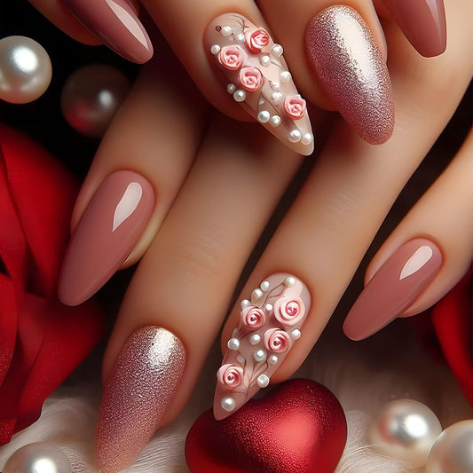 24 Pcs Pink Valentine’s Day Press on Nails Almond Medium Fake Nails with Glue 3D Flower False Nails with Pearl Design Glitter Full Cover Valentines Nails Reusable Stick on Nails for Women Spring Nails