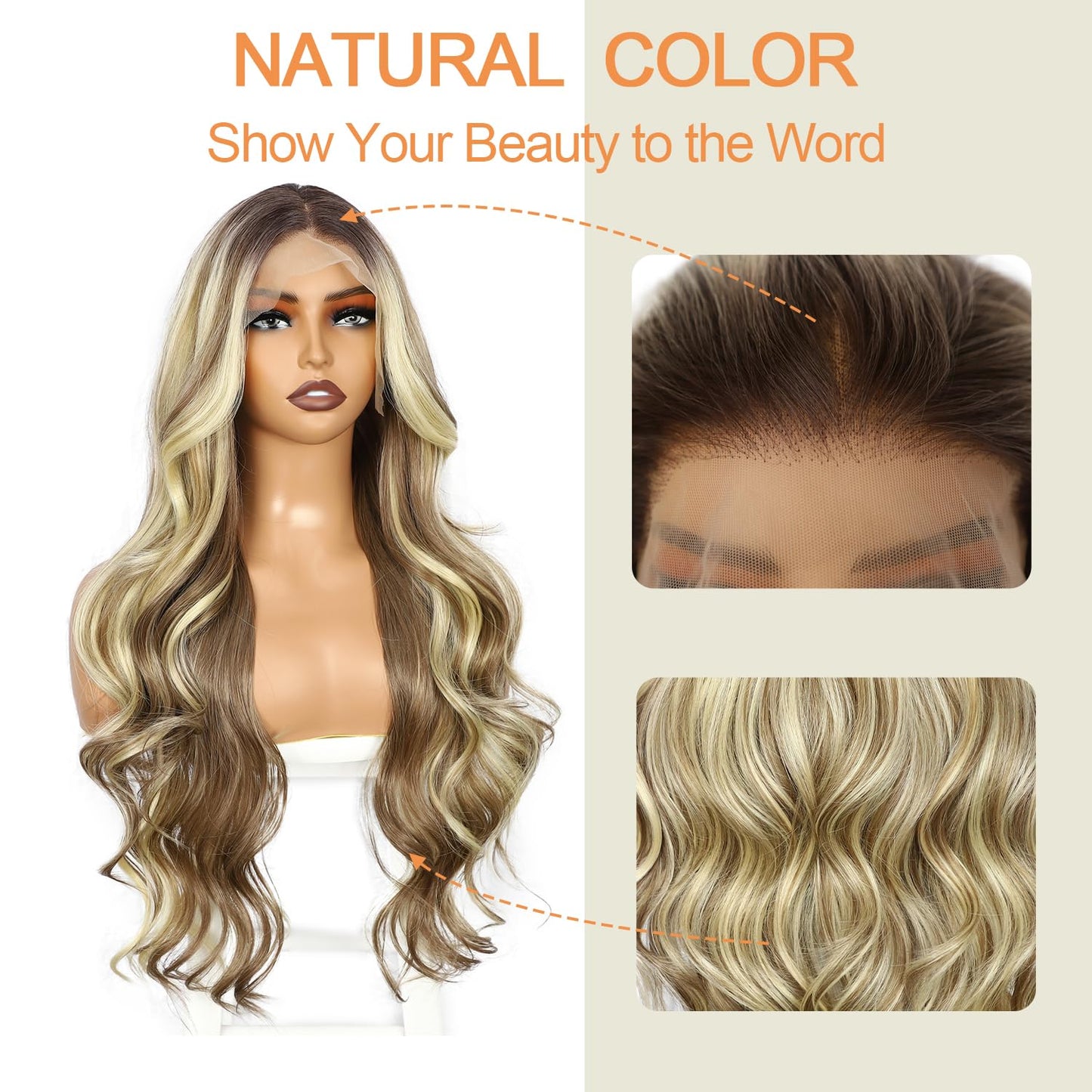 SAPPHIREWIGS 13x4 Lace front Wig Long Blonde with Brown Highlights Wavy for Women Free Part Body Wave Natural Looking Synthetic Heat Resistant Fiber Daily Party Use 26 Inch