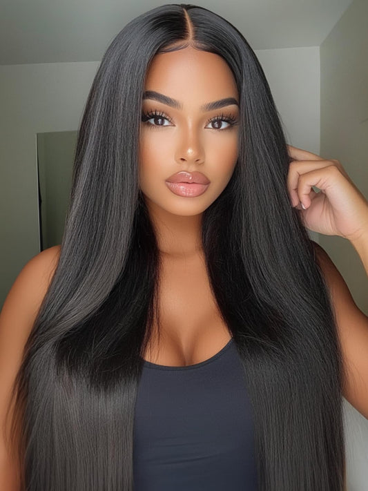 KLAIYI Yaki Straight Bye Bye Knots Glueless Wig 7x5 Precut Lace Front Wigs Human Hair Put On and Go Wigs for Beginners Pre Bleached Pre Plucked Pre Everything 3S Easy to Ready to Wear Kinky Wig 26Inch