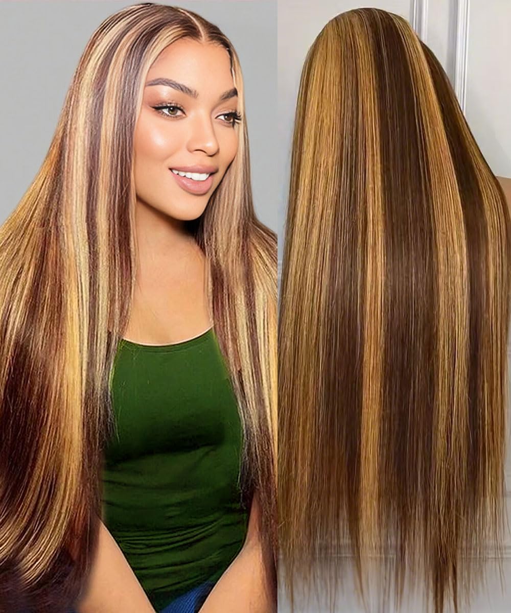 WOOMN Highlight Ombre Lace Front Wig Human Hair 13x6 HD Lace Frontal Real Virgin Human Hair Wig 4/27 Colored Honey Blonde Straight Wigs Human Hair Pre Plucked Tangle-Free 200 Density 26 Inch
