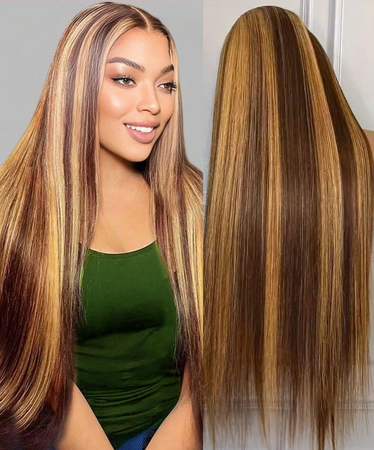 WOOMN Highlight Ombre Lace Front Wig Human Hair 13x6 HD Lace Frontal Real Virgin Human Hair Wig 4/27 Colored Honey Blonde Straight Wigs Human Hair Pre Plucked Tangle-Free 200 Density 26 Inch
