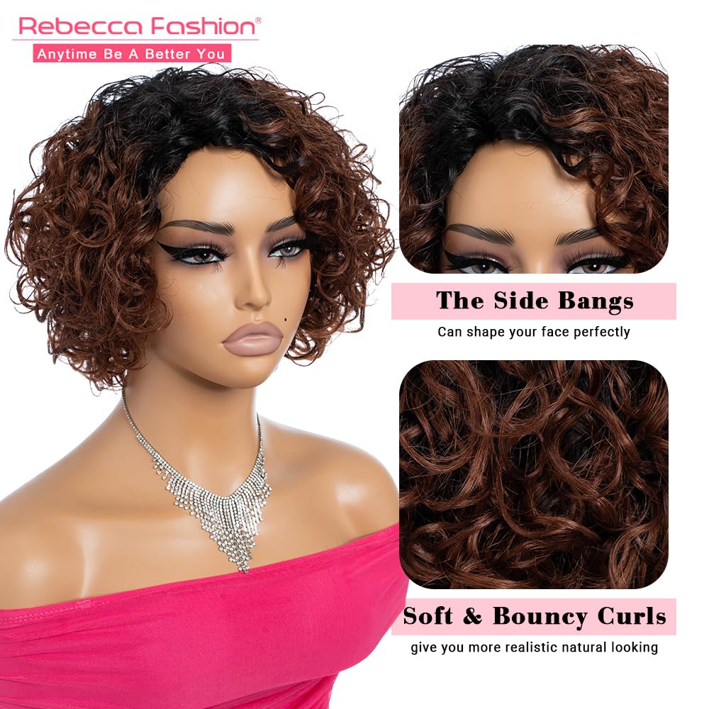 Rebecca Fashion Short Curly Human Hair Wigs for Black Women Cute Curly Bob Wig Side Part Brazilian Remy Non Lace Glueless Wigs Natural Looking Ombre Natural Color to Brown