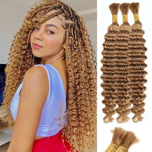 Blonde Human Braiding Hair Deep Water Wave Bulk Human Hair 150g 22 Inch Color 27 Curly Human Hair for Boho Braids Hair Extensions No Weft 3 Braids Per Pack Wet and Wavy