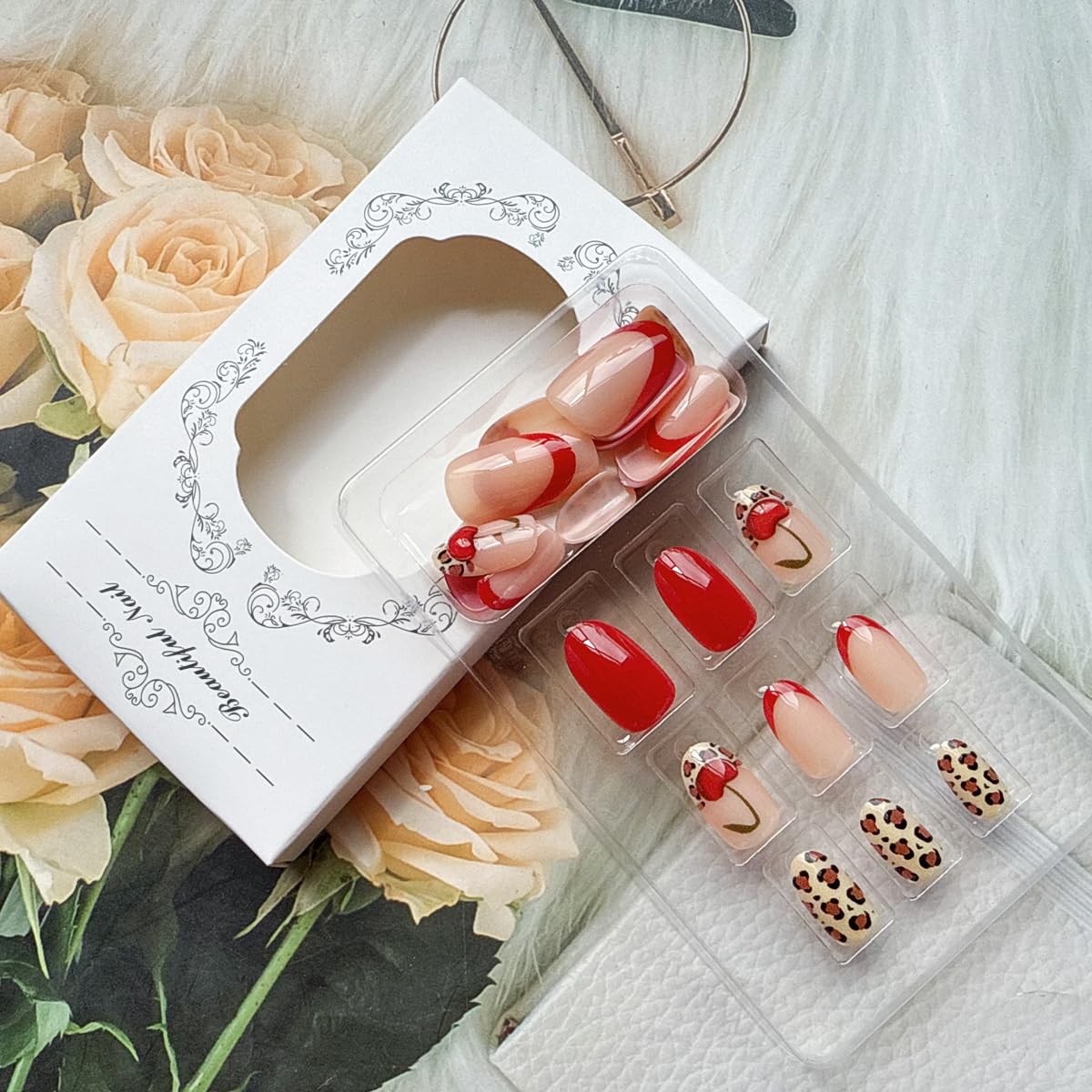 Short Press on Nails Oval Fake Nails with Cherry Leopard Print Design Glossy Red Acrylic Gel False Nails Kits Red French Tip Nails Spring Summer Reusable Artificial Stick on Nails for Women 24PCS