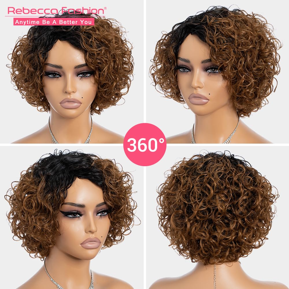 Rebecca Fashion Short Curly Human Hair Wigs for Black Women Cute Curly Bob Wig Side Part Non Lace Glueless Wigs Brazilian Remy Natural Looking Ombre Natural Color to Honey Brown