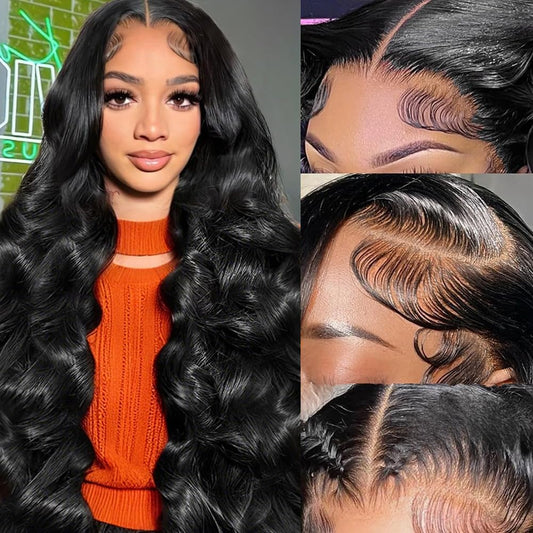 YetFree 30 Inch Body Wave Lace Front Wigs Human Hair Pre Plucked 13x6 HD Lace Frontal Wigs Brazilian Virgin Human Hair 200 Density Glueless Body Wave wig with Baby Hair Natural Black