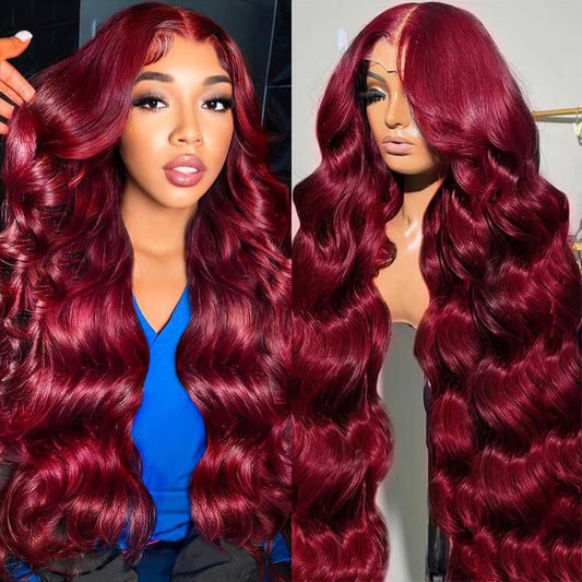 99j Burgundy Lace Front Wigs Human Hair Pre Plucked 200% Density Burgundy Wig Human Hair Body Wave 99j Human Hair Wig 13x4 Frontal Wig Colored Wine Red 30 Inch Wigs Human Hair