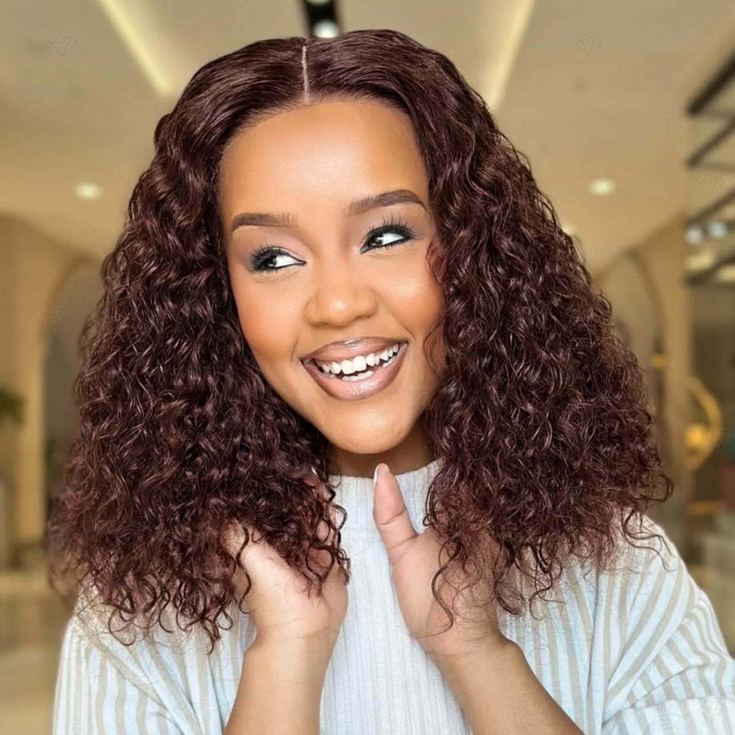 Hihmarm Chocolate Brown Deep Wave Bob Wig Human Hair 13x6 HD Lace Front Wigs Human Hair Pre Plucked Short Curly BOB Wigs For Black Women 180% Density Dark Brown Glueless Frontal Wigs 14 Inch
