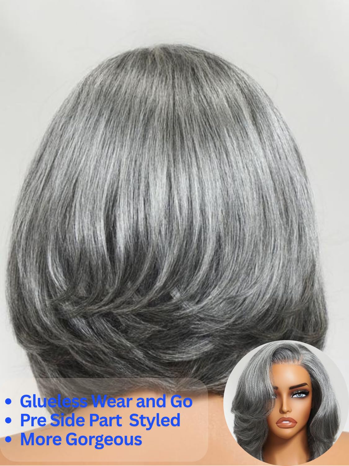 Nadula 8inch Short Salt and Pepper Glueless Side Part Grey Wig Human Hair with Blowout Face Framing Layers, 6x1.5 T Part Lace Closure Wig Pre Plucked Bleached Knots Ready to Go Short Wavy Bob Wig