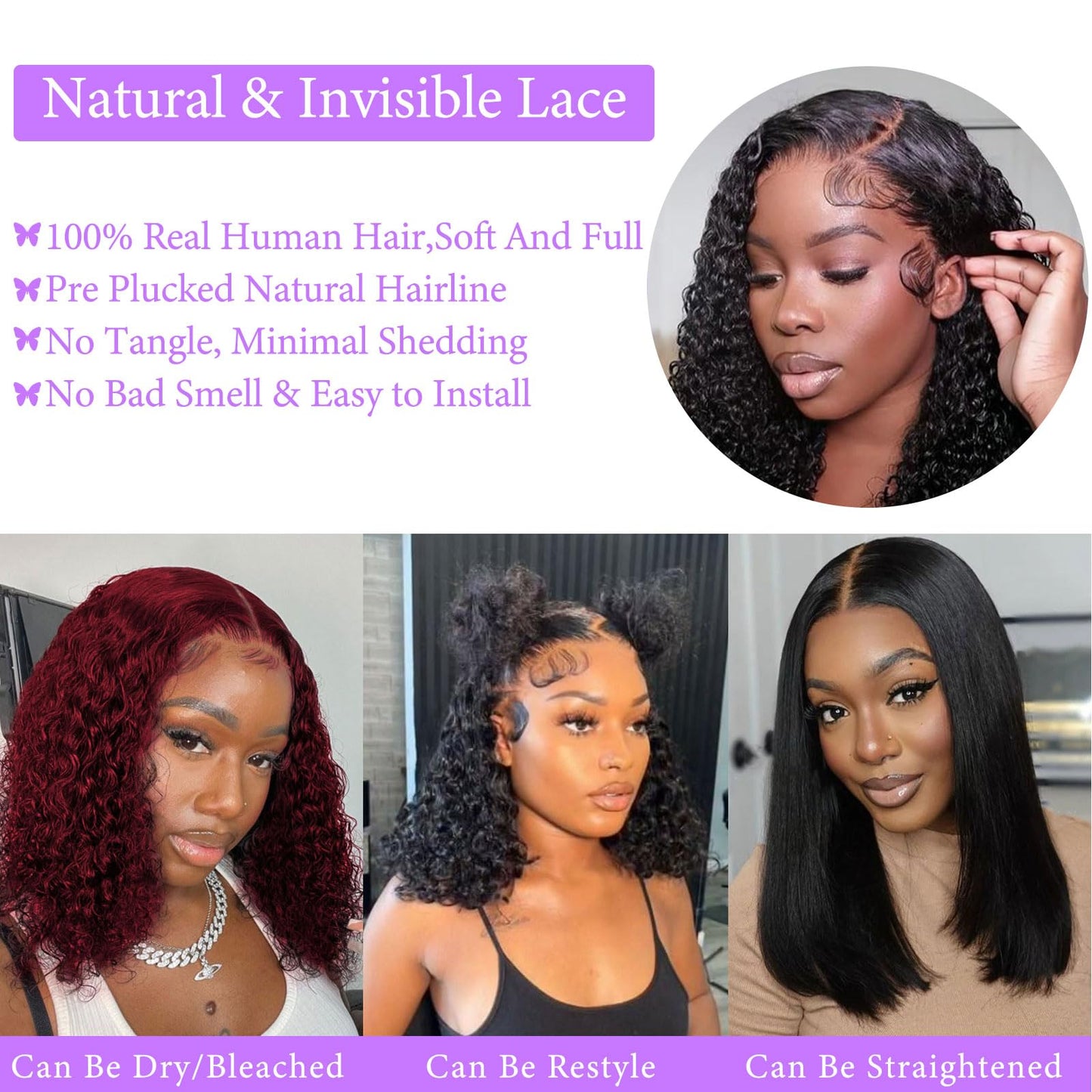 Punmasa 22 inch Bob Wig Human Hair 13x6 Frontal Lace Wig 200% Density HD Lace Front Wigs Human Hair Pre Plucked Short Curly Human Hair Wigs for Black Women Natural Black