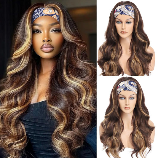 Colorful Queen Light Brown Highlight Headband Wig Ombre Brown Body Wave Headband Wigs for Black Women Colored Long Wavy Wig 26 Inch