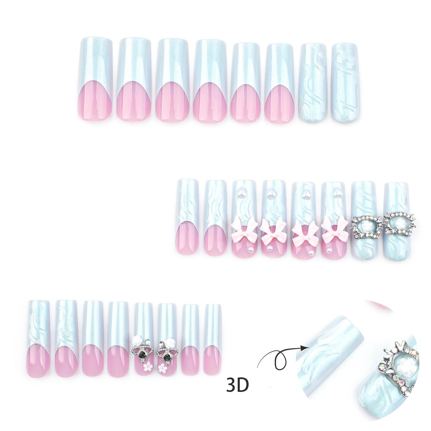 RTKHFZE Long Press on Nails Square Shape Fake Nails with 3D Swirl and Bow Design False Nails,French Tip Glue on Nails Gift for Holiday/Christmas Day/Daughter/Party/Valentine'S Day