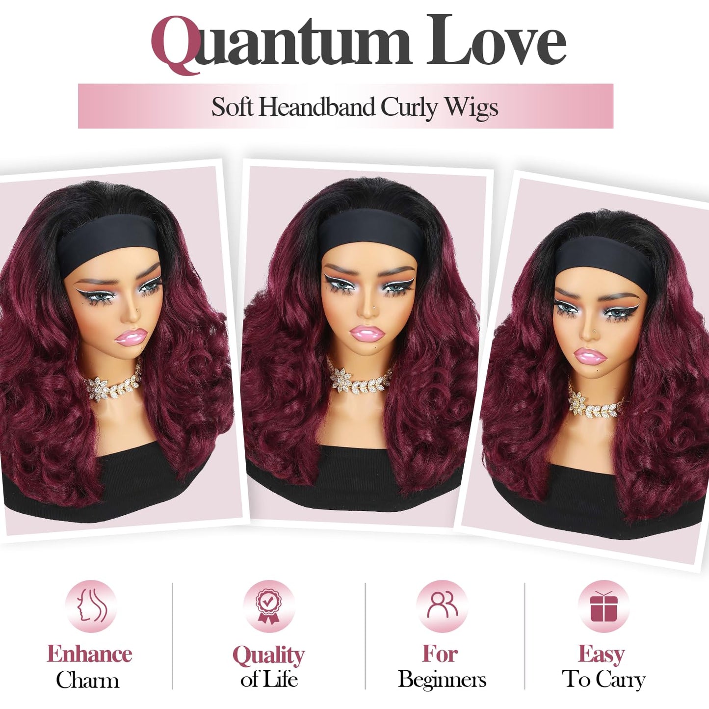 Quantum Love Yaki Curly Headband Wigs for Black Women Kinky Straight Ombre Red Headband Curly Ends Synthetic Wear and Go Glueless half Wig with Headbands Attached