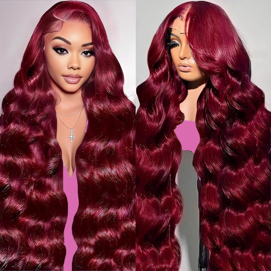 Dewyigs 28 Inch 99J Burgundy Lace Front Wigs Human Hair 13x4 HD Transparent Body Wave Lace Front Wigs Human Hair Pre Plucked 99j Burgundy Red Wine Glueless Human Hair Wigs for Women