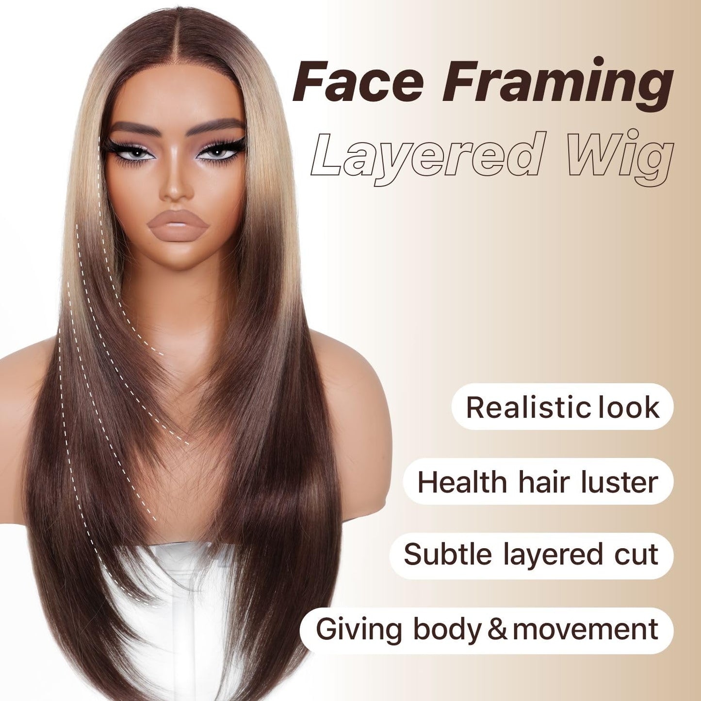 BrownBomb Ombre Blonde Brown Wear and Go Glueless Wigs Pre Plucked Pre Cut for Beginners Synthetic Lace Front Wigs With Bangs Long layered Straight Wigs With Dark Roots 26 Inch 3 Seconds to Wear