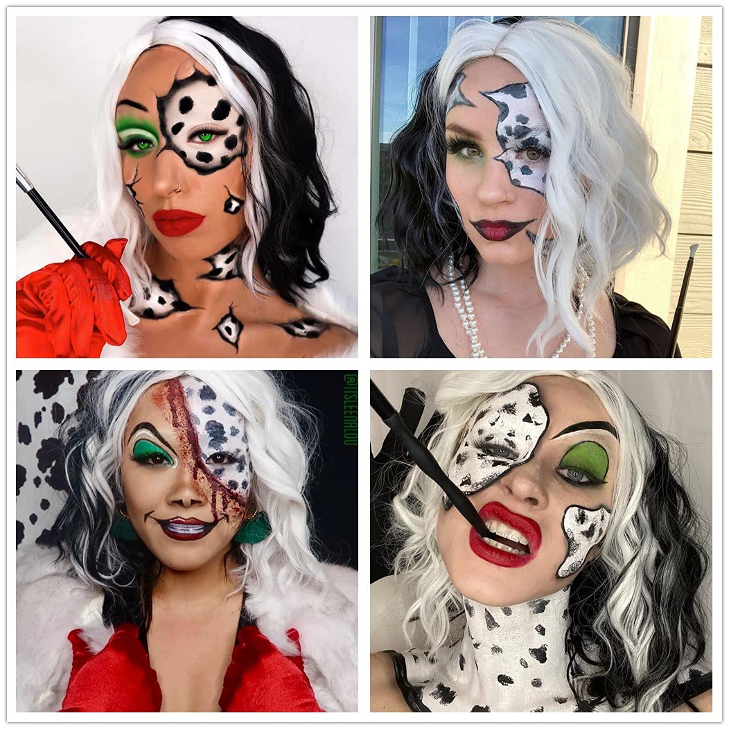 Ruina Half Black White Cruella Deville Wig for Cruella Deville Costume Women Girls Cruella Costume Curly Wavy Wigs for Party Halloween Costume R019BW