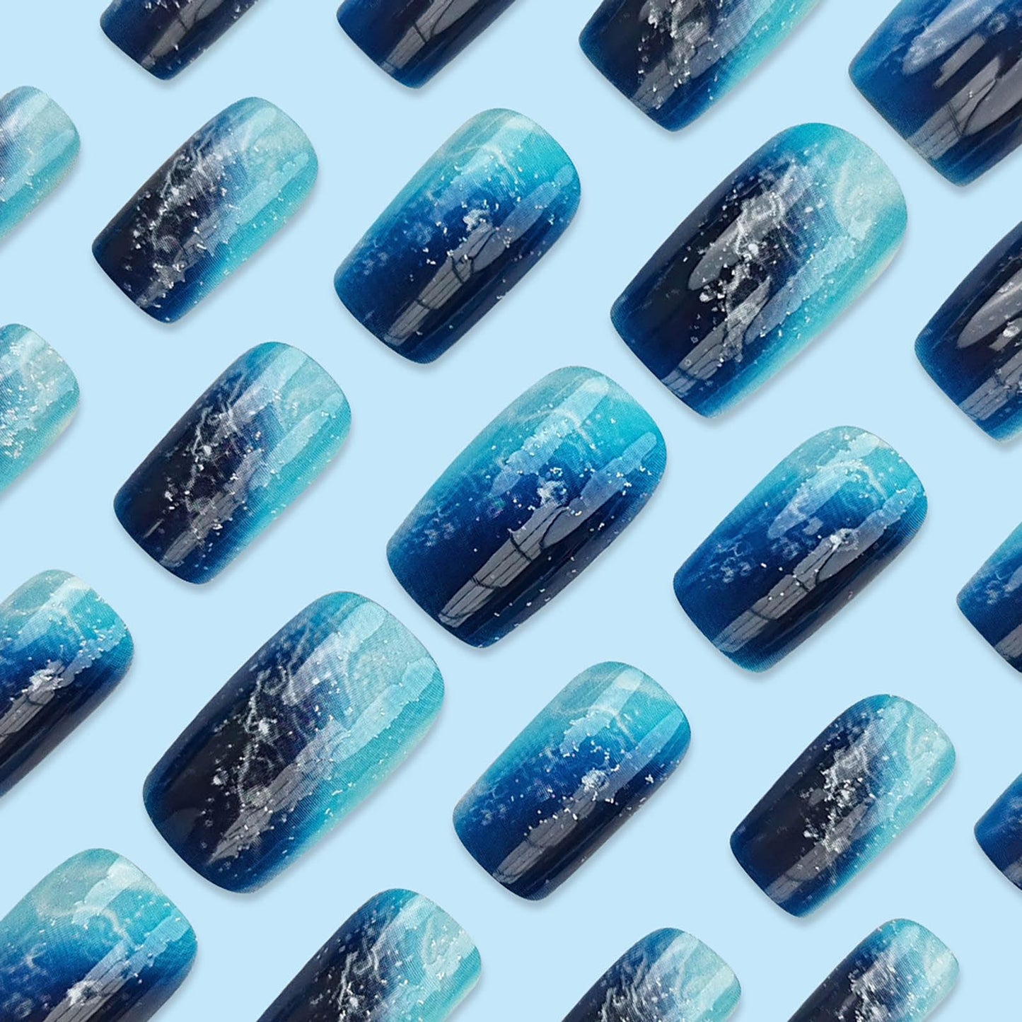 RTKHFZE Press on Nails Medium,Blue Press on False Nails,Square Fake Nails, Medium Nails Press Ons,with Designs Acrylic Nail,Full Cover Glue on Nail for Women Manicure