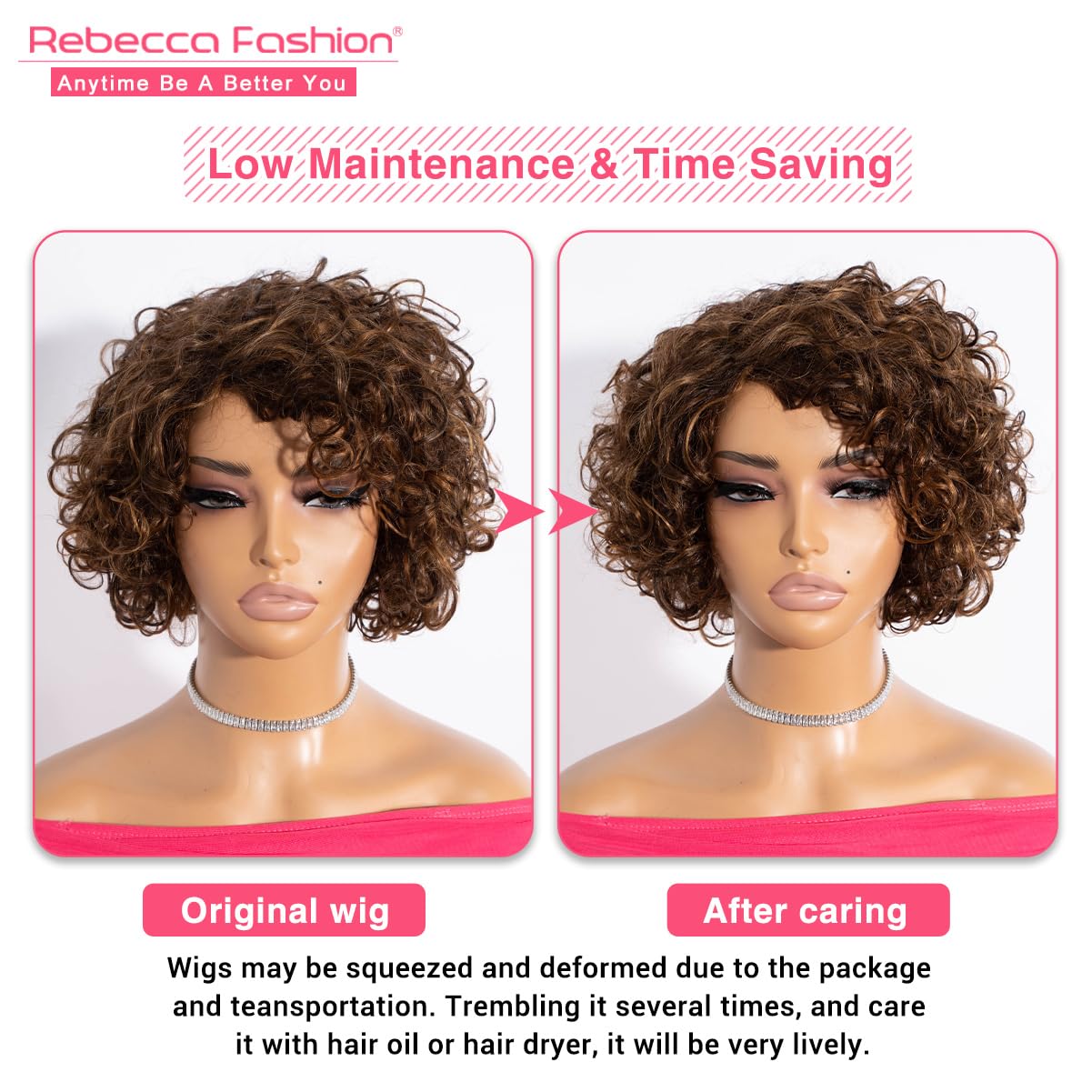 Rebecca Fashion Short Curly Human Hair Wigs for Black Women Side Part Cute Curly Bob Wig Brazilian Remy Non Lace Glueless Wigs Natural Looking Ombre Brown Color