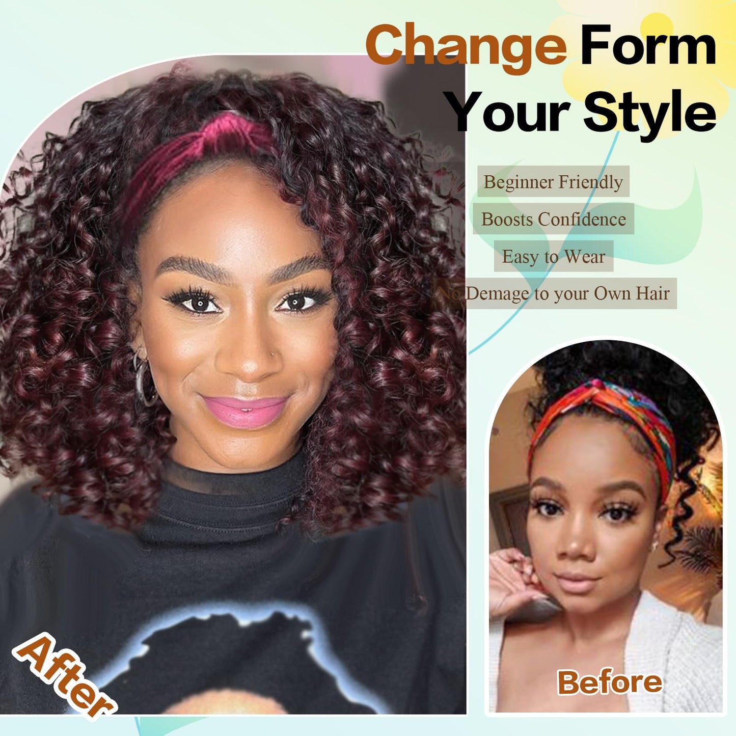 Aisaide Kinky Curly Headband Wig 12 Inch Burgundy Deep Curly Headband Wigs for Women Short Glueless No Lace Deep Curly Half Hair Wigs,Burgundy with Highlighted