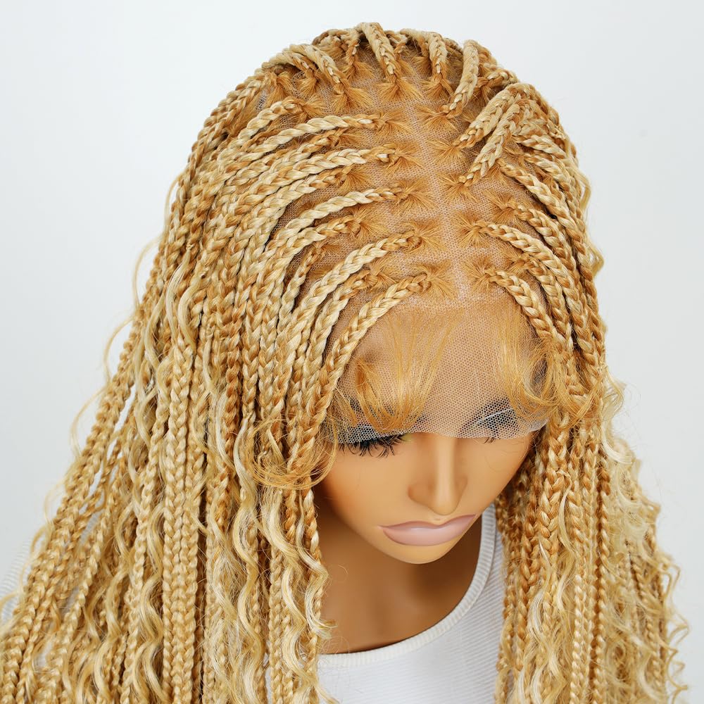 SUPERNOVA 36 Inches Full Lace Boho Box Braided Wig T274/614# Ombre Blonde Synthetic Braids Wig With Baby Hair Bohemian Long Highlight Square Knotless Braided Wigs For Black Women (36 Inch)