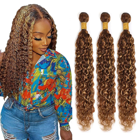 Biliisyff Ombre Brown and Blonde Deep Curly Weave Bundles Human Hair P4/27 Brown Honey Blonde Kinky Curly Bundles Double Weft Wet and Wavy Bundles Silky and Soft for Black Women 20 22 24 Inch