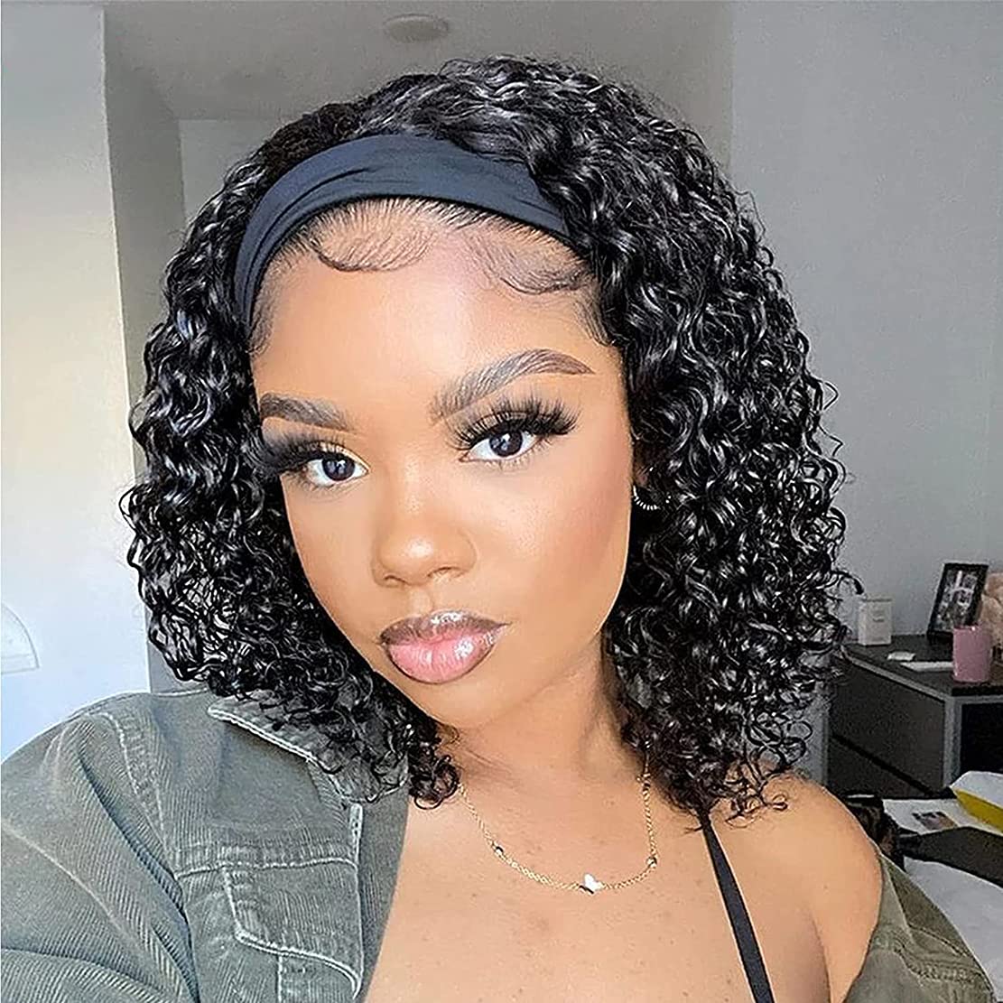 Celiarita Deep Wave Headband Wig Human Hair 12inch None Lace Front Wigs Brazilian Virgin Hair Machine Made Wigs Glueless Deep Curly Wave Headband Half Wigs for Black Women Human Hair Natural Color