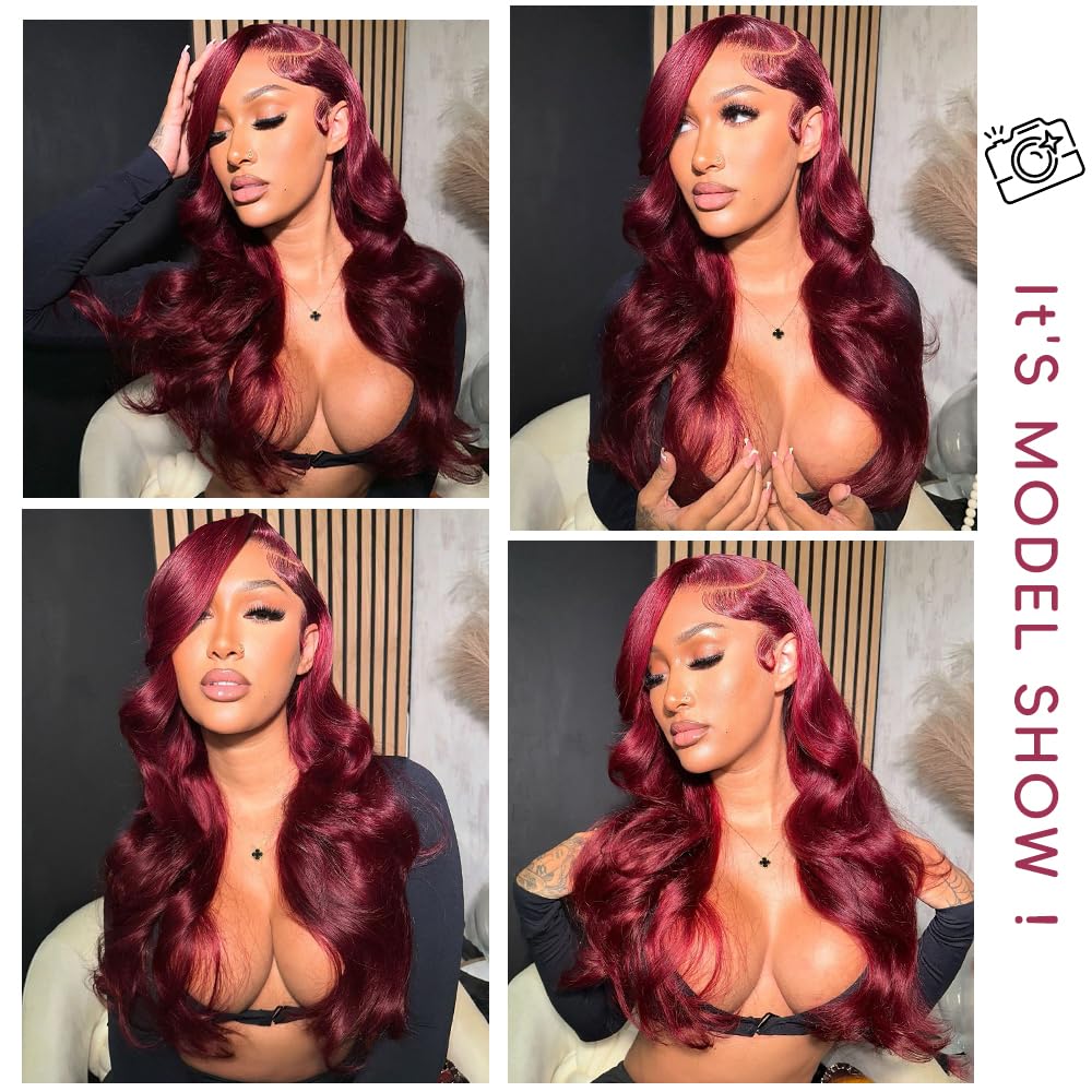 Burgundy Lace Front Wigs Human Hair Pre Plucked 200% Density Burgundy Wig Human Hair Body Wave 99j Human Hair Lace Front Wigs Burgundy Frontal Wig 13x4 Glueless Wigs Human Hair 32 Inch