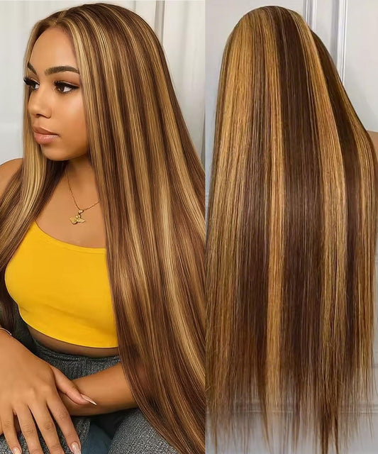 WOOMN Highlight Ombre Lace Front Wig Human Hair 13X6 Honey Blonde Straight HD Lace Frontal Wig Pre Plucked Tangle-Free 200 Density Brown Wig 4/27 Colored Real Virgin Human Hair 22 Inch