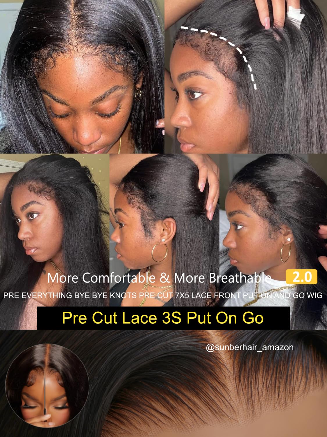 Sunber Bye Bye Knots 7x5 Lace Front Glueless 4C Egde Yaki Straight Human Hair Wigs Pre Plucked Invisible Knots Pre Everything 3S Ready to Wear Yaki Straight Human Hair Wig 24Inch