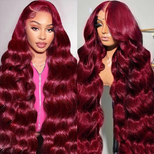99j Burgundy Lace Front Wigs Human Hair Pre Plucked 200% Density Burgundy Wig Human Hair 13x4 Body Wave 99j Human Hair Wig Wine Red Colored Glueless Wigs Human Hair 24 Inch