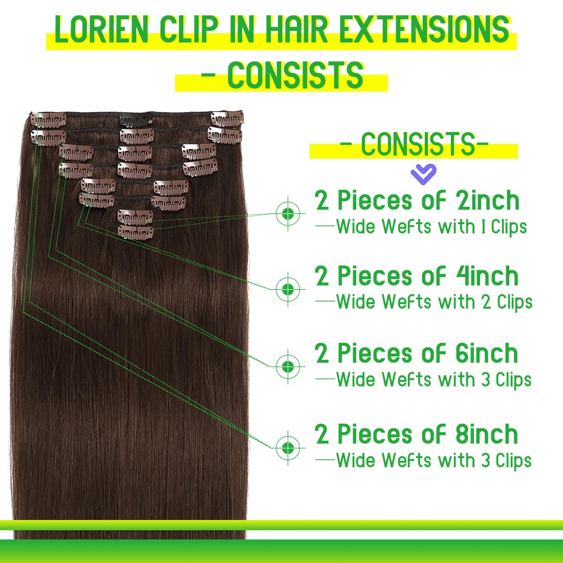 LORIEN Clip in Hair Extensions Real Human Hair, 24 Inch 120g, 4 Dark Brown, Clip in 100% Brazilian Remy Human Hair Extensions 8pcs Per Set with 18 Clips Double Weft