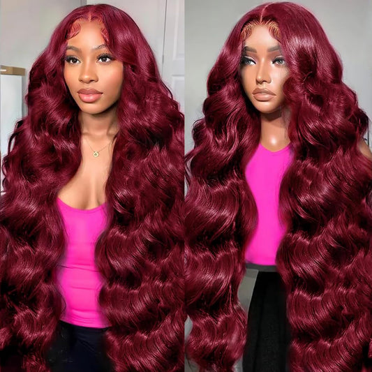 Dewyigs 99j Burgundy Lace Front Wigs Human Hair 30 Inch 13x4 Body Wave Lace Front Wigs Human Hair Pre Plucked 180 Density HD Transparent Red Colored Wigs Human Hair for Women with Baby Hair