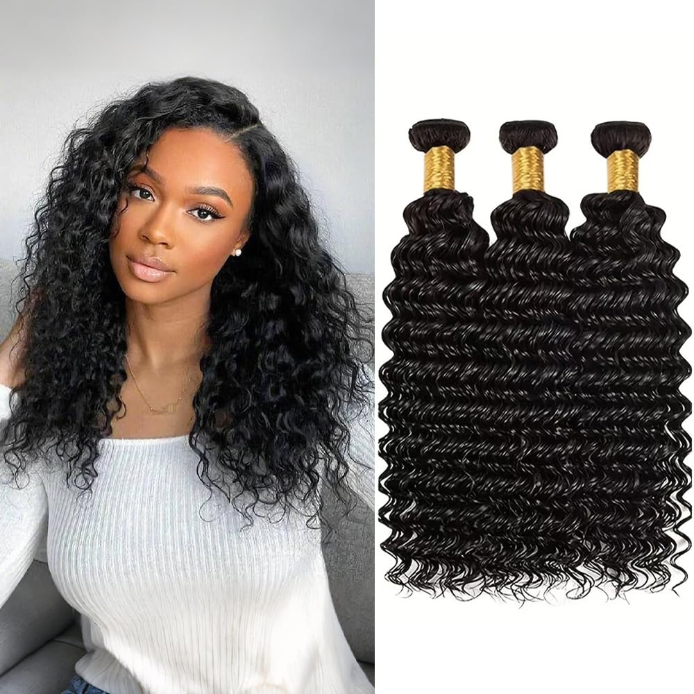 Deep Wave Human Hair Bundles 10 12 14 Inch Curly Bundles Human Hair Weave 100% Unprocessed Brazilian Virgin Remy Hair Wet and Wavy Hair Extensions for Women Natural Black Raw Weft