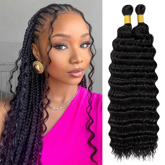 Eerya Long Curly Braiding Hair 18 Inch 2 Packs Ocean Wave Crochet Hair for Black Women Deep Wave Braiding Hair for Boho Braids（18 inch, 1B）