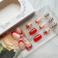 Short Press on Nails Oval Fake Nails with Cherry Leopard Print Design Glossy Red Acrylic Gel False Nails Kits Red French Tip Nails Spring Summer Reusable Artificial Stick on Nails for Women 24PCS