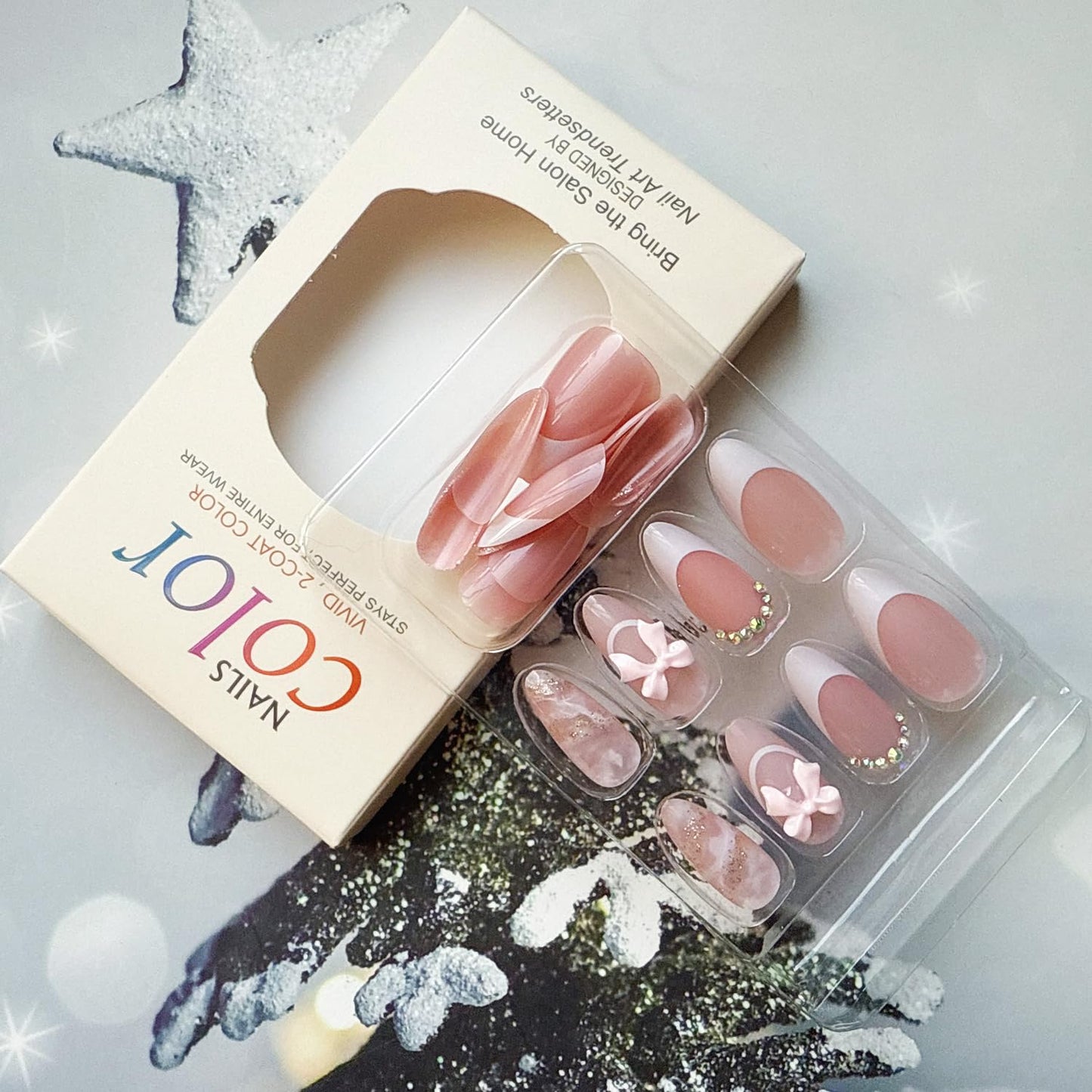 Almond Press on Nails Short White French Tip Press on Fake Nails with 3D Bow Charms Rhinestone Glitter Pink Acrylic Full Cover Gel False Nail Kit Almond Shape Glue on Stick on Nails for Women 24PCS