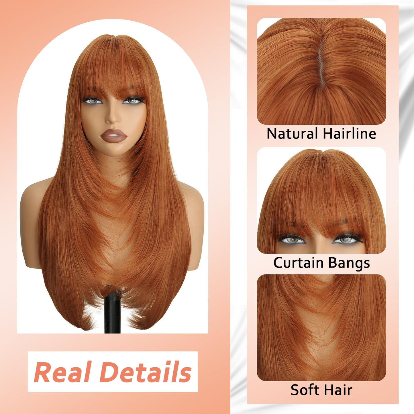 NOVFLKW Ginger Wig with Bangs for Women Long Straight Layered Hairstyle Put on Go Realistic Synthetic Heat Resistant Natural Wig for Girls Party Cosplay and Daily Use 26 inch