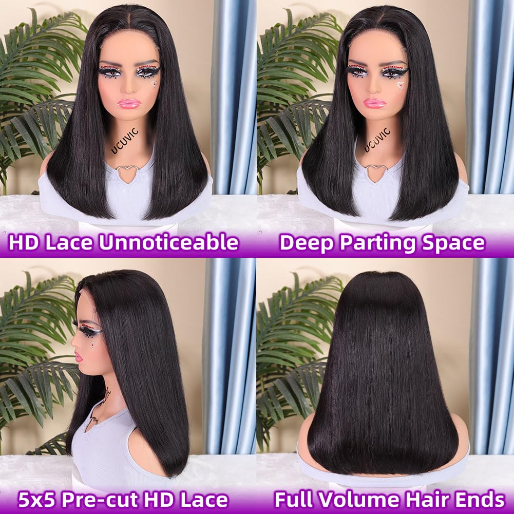 UCUVIC Bob Wig Human Hair Glueless Pre Plucked Pre Cut 200% Density 5x5 Hd Lace Front Closure Short Wig Human Hair Wear And Go Glueless Straight Bob Wigs For Black Women No Glue 16 Inch