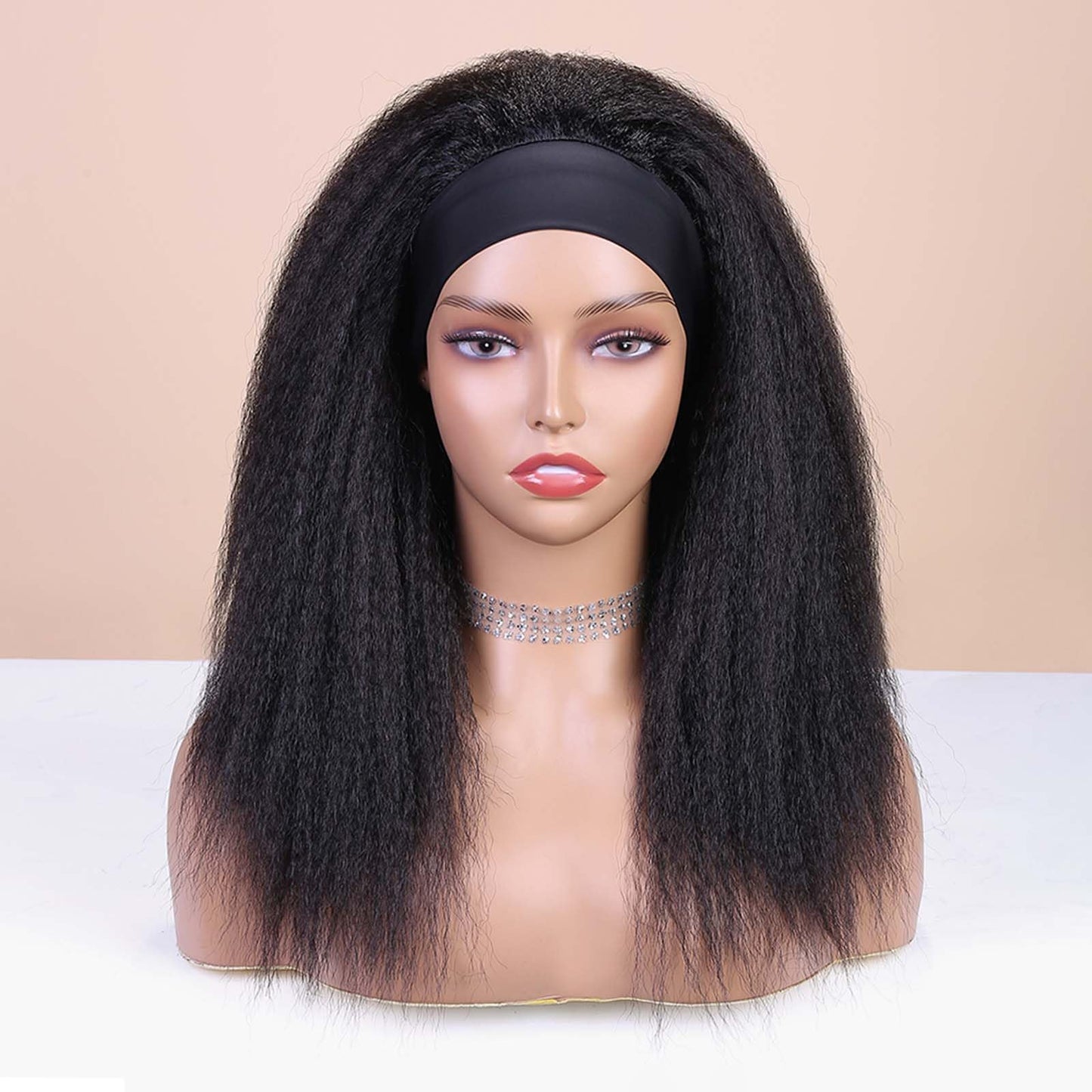 WIGNEE 18 Inches Kinky Straight Headband Wig for Women Yaki Straight Wigs with Black Headband Kinky Afro Wigs For Black Women (1B, 18 Inch)