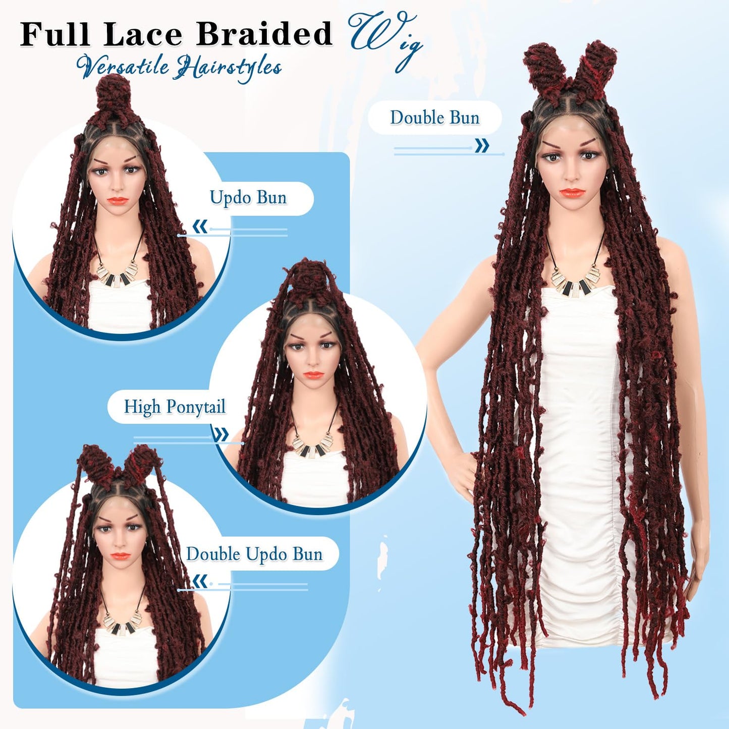 Olymei Locs Braided Wigs for Black Women Knotless Braided Wigs Locs Braid Wig with Baby Hair Full Double Lace Braided Wig Synthetic Burgundy Red Locs Braided Wig, 48 Inches Full Double Lace