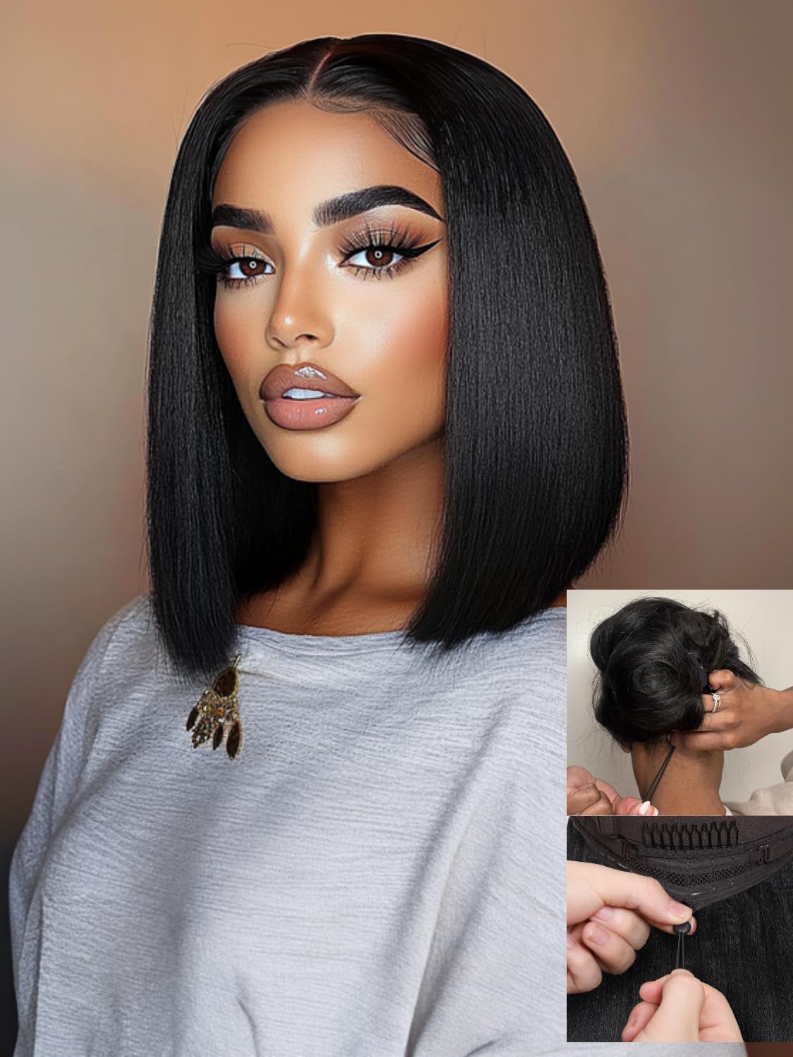 Nadula Bye Bye Knots Glueless Straight Bob Drawstring Wig Human Hair Pre Plucked, Pre Cut 7x5 HD Lace Front Wigs Invisible Bleached Knots Ready to Wear Pre Everything Short Bob Wig 150% Density 14inch