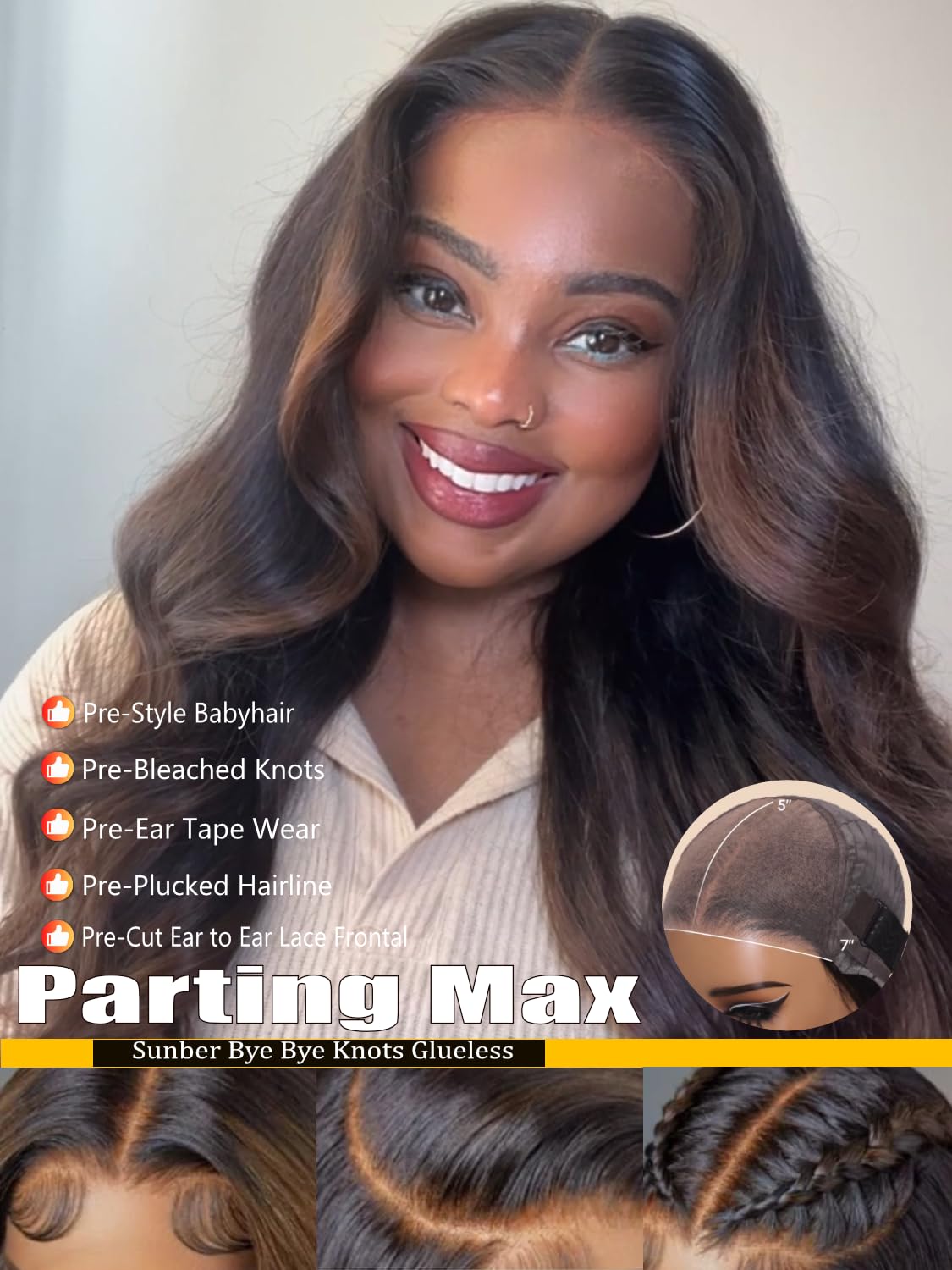 Sunber Bye Bye Knots Glueless 7x5 Lace Front Human Hair Wig Loose Wave Plucked Pre Cut Lace Invisible Knots Put On and Go Chestnut Brown Ombre Color Ready to Wear Wig 150% Density 24Inch